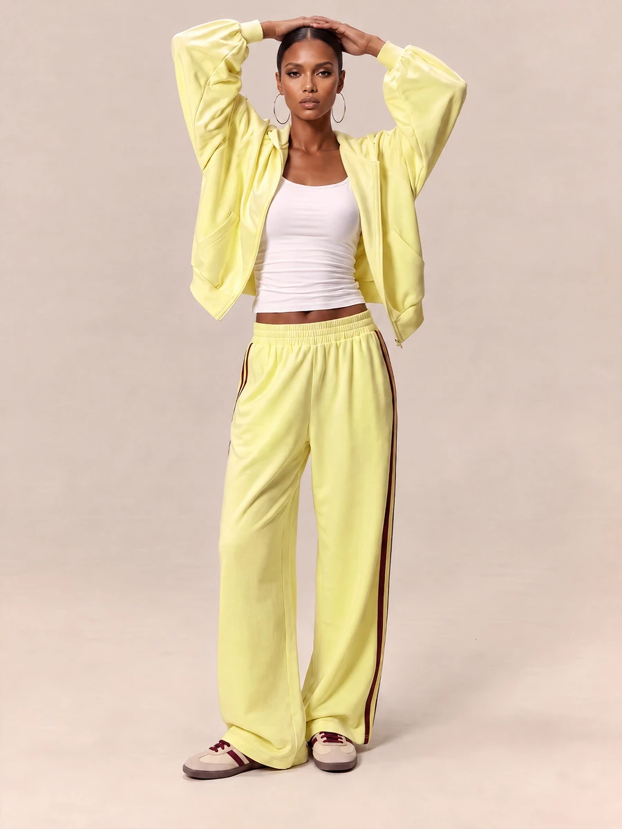Zivah Women's Solid Color Hooded Jacket And Long Pants Casual Daily Sports Set - Yellow - View 1