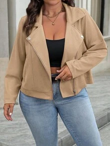 Juhart Plus Size Solid Color Zip-Up Casual Versatile Long Sleeve Jacket Fall Winter Cloth For Women Autumn - Camel - View 4