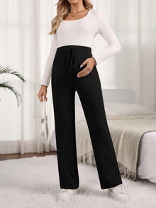 SHEIN 女款孕婦純色羅紋可調腰帶腹下抽繩長褲 秋季 - 黑色 - 查看 6