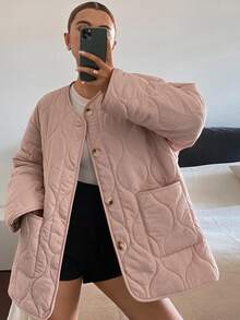 DAZY Women's Loose Pink Casual Padded Coat With Stitching Decor - Pink - View 7