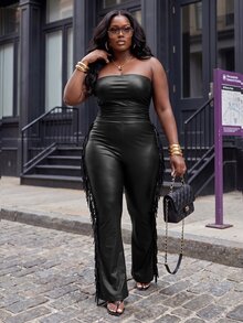 Slaydiva طقم نسائي مقاس كبير بلون موحد، توب أنبوبي مطوي وبنطلون، كاجوال للاستخدام اليومي، قطعتين - الأسود - مشاهدة 8
