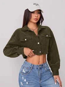 SHEIN PETITE 秋季穿搭落肩翻蓋設計短版燈芯絨黑色夾克，適合嬌小女性，返校、上班、旅行、日常穿著、街頭休閒風 - 軍綠色 - 查看 6