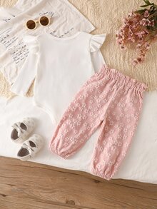 SHEIN 2pcs Baby Girls Romper + Pants Cute Sweet Pink White 3D Flower Ruffle Bow Long Sleeve Round Neck Regular Birthday Party Spring Floral Ribbed - Multicolor - View 3
