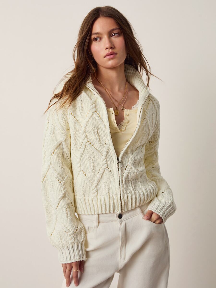 Willow Rêve Áo cardigan len dệt kim dáng rộng cổ cổ điển họa tiết jacquard kéo khóa màu kem cho nữ - Kem - Xem 1