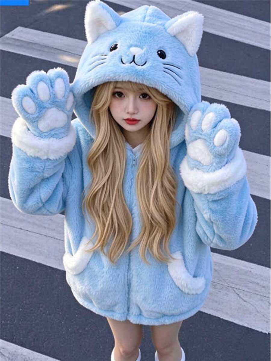 SHEIN 1件女童甜美風休閒外套,校園休閒穿搭,秋冬款3D貓咪刺繡連帽寬鬆抓絨夾克 - 藍色 - 查看 1