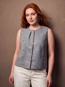 MOTF PREMIUM PLUS SIZE WOMEN'S AUTUMN/WINTER WOOL BLEND EMBROIDERED SEQUIN VEST JACKET - Grey - View 1
