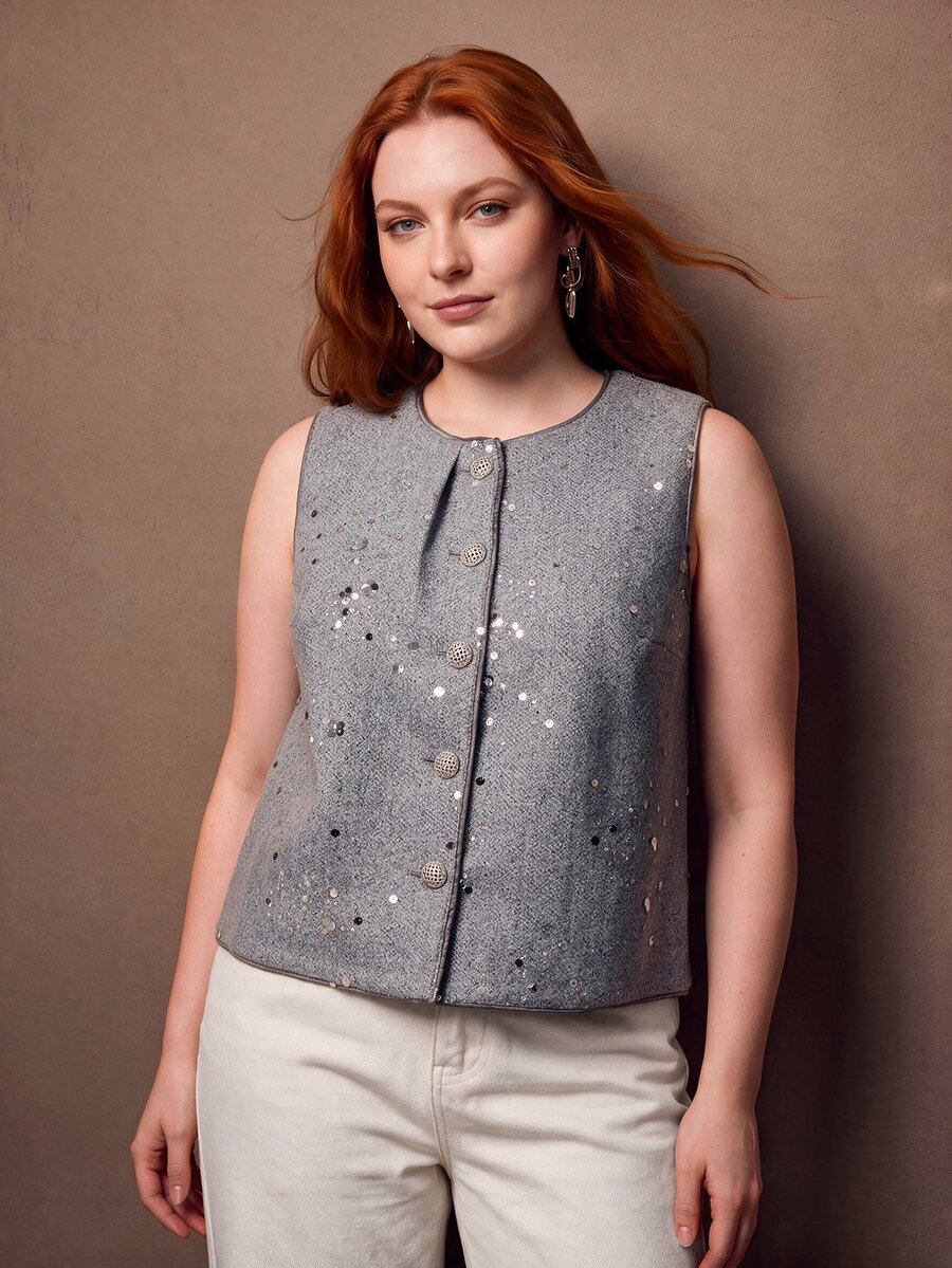 MOTF PREMIUM PLUS SIZE WOMEN'S AUTUMN/WINTER WOOL BLEND EMBROIDERED SEQUIN VEST JACKET - Grey - View 1