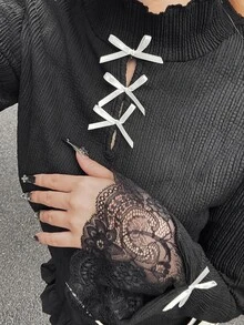 FRIFUL Middle-Aged Women Korean Style Romantic Elegant Bowknot Decor Lace T-Shirt Party Night Black - Black - View 9