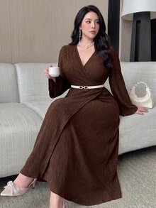 Feyla Plus Size Women Solid Color V-Neck Ruched Elegant Waist-Cinching Party Dress - Coffee Brown - View 5