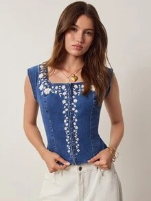 Willow Rêve Women's Embroidered Blue Denim Top - Blue - View 4