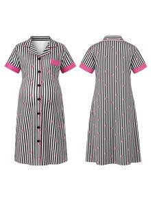 Moonlight&Mama Grey & White Vertical Striped All-Over Print Pink Heart Contrast Trim Lapel Cardigan Short Sleeve Maternity Loose Fit Nightgown Loungewear - Black - View 4