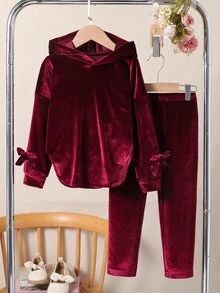 SHEIN 女童新款酒紅色天鵝絨連帽長袖蝴蝶結裝飾上衣 + 鬆緊腰休閒長褲 2件套，春秋款，適合聖誕節與新年 - 酒紅色 - 查看 3