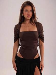 SHEIN BAE Autumn/Winter Solid Brown Shawl Wrap Slim Fit Mesh Ruched Bandeau Bodysuit - Brown - View 6