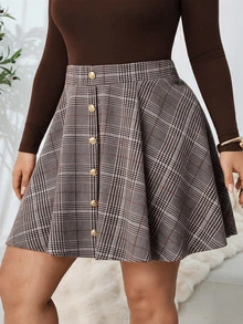 Solflare New Fall/Winter Plus Size Vintage Large Plaid Woolen Short Skirt With Gold Button Detail For Outings, School, Work, Birthdays, Dates & Casual Wear - Multicolor - View 5