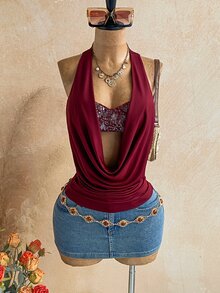 Ure Wave Women's Solid Color Cowl Neck Patchwork Sequin Sexy Fashion 2 In 1 Halter Top - Burgundy - View 4