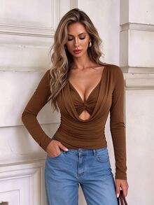 Elyressa Women's New Elegant Ruched Neck Twisted Knit Long Sleeve T-Shirt, Suitable For Layering And Outerwear - Coffee Brown - View 4