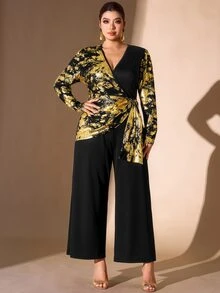 Cravure Jumpsuit nữ size lớn họa tiết in ngẫu nhiên màu vàng, phong cách thời trang thanh lịch cho tiệc tùng và mặc thường ngày dạo phố - Nhiều màu - Xem 5