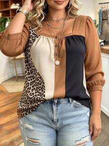 Weeklong Plus Size Leopard Print Color Block Shirt For Vacation - Multicolor - View 4