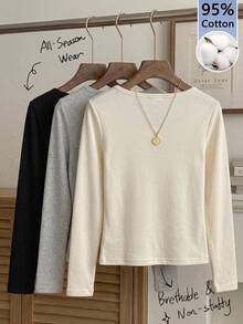 Tseoso 3-Pack Of Women's Solid Color Button Half-Front Long-Sleeved Casual T-Shirts - Multicolor - View 2