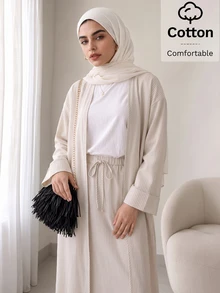 Solavon طقم نسائي من قطعتين: كارديجان بأكمام طويلة بلون موحد وتنورة برباط خصر - كاكي - مشاهدة 2