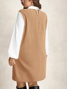 Comfylo 大尺碼女款秋季優雅黑白拼接袖襯衫領長袖洋裝，適合辦公正式場合、返校季與教師節 - 彩色 - 查看 5