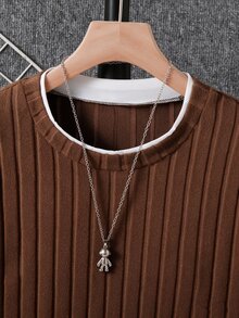 SHEIN 青少年男孩圓領抓絨羅紋長袖對比色領口與下擺T恤，春秋冬季款 - 棕色 - 查看 3