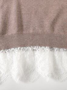 SHEIN 青少年女孩茶棕色針織套頭毛衣，蕾絲下擺，時尚優雅，適合外出、假日聚會、學校、派對等場合 - 棕色 - 查看 8
