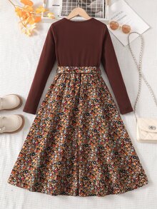 SHEIN Tween Girl Casual Elegant Round Neck Long Sleeve Brown Dusty Floral Patchwork Tween Girl Dress - Multicolor - View 2