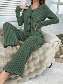 Dream Adore Bộ đồ ngủ nữ len dệt mềm họa tiết phối màu, viền bèo nhún, trang trí nơ, quần áo mùa thu đông - màu xanh lá - Xem 5