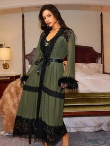 Slumberist Vintage Military Green Feather Cuff Lace Robe 2 Pieces Set, Sexy Hollow Lace Camisole Long Nightgown 2 Pieces Set - Army Green - View 7