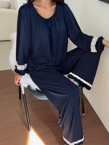 DAZY 2pcs/Set Women's Lace Patchwork Loose Long Sleeve Top & Straight Leg Long Pajama Pants Sleepwear Set - Navy Blue - View 6
