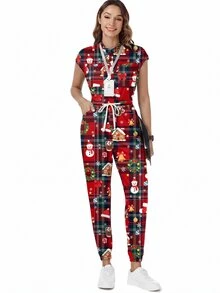 TaskEZ Scrub Uniform Jumpsuit, Christmas Santa Plaid Women's Nurse Scrub Uniform, Surgical Scrub, Healthcare Worker Scrub Uniform, Matte Printed Jumpsuit With Shoulder Sleeves, 4 Pockets And Waist Drawstring - Multicolor - View 7