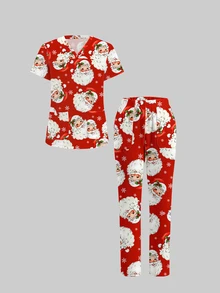 TaskEZ Women's Santa Claus Print Top And Pants Scrub Uniform Set - Multicolor - View 3