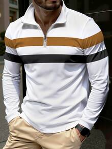 Manfinity Homme 男士拼色四分之一拉鍊領休閒工作 Polo 衫，適合丈夫，秋季長袖上衣 - 彩色 - 查看 1