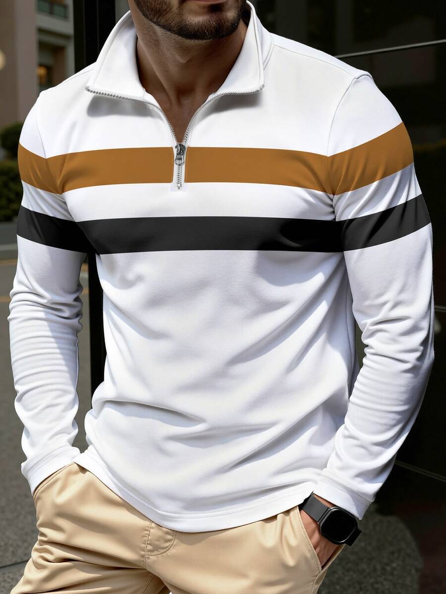 Manfinity Homme 男士拼色四分之一拉鍊領休閒工作 Polo 衫,適合丈夫,秋季長袖上衣 - 彩色 - 查看 1