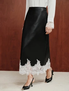 Anewsta Modern Vintage Style Hollow Design Lace Hem Commuter Women's Skirt - Black - View 4