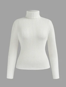 Sweetra Plus Size Women's Turtleneck Sweater, Long Sleeve Vertical Ribbed Knit Pullover, Slim Fit Stretch Solid Color Basic Fall Winter Top, Available In Whit - Multicolor - View 4