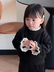 DAZY 女嬰韓式風蕾絲拼接長袖針織衫 2合1 幼兒女童服飾 - 黑色 - 查看 7