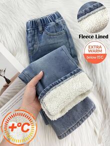 SHEIN Little Byeori 小男孩保暖內裡休閒日常牛仔長褲，附口袋 - 中等水洗藍 - 查看 1