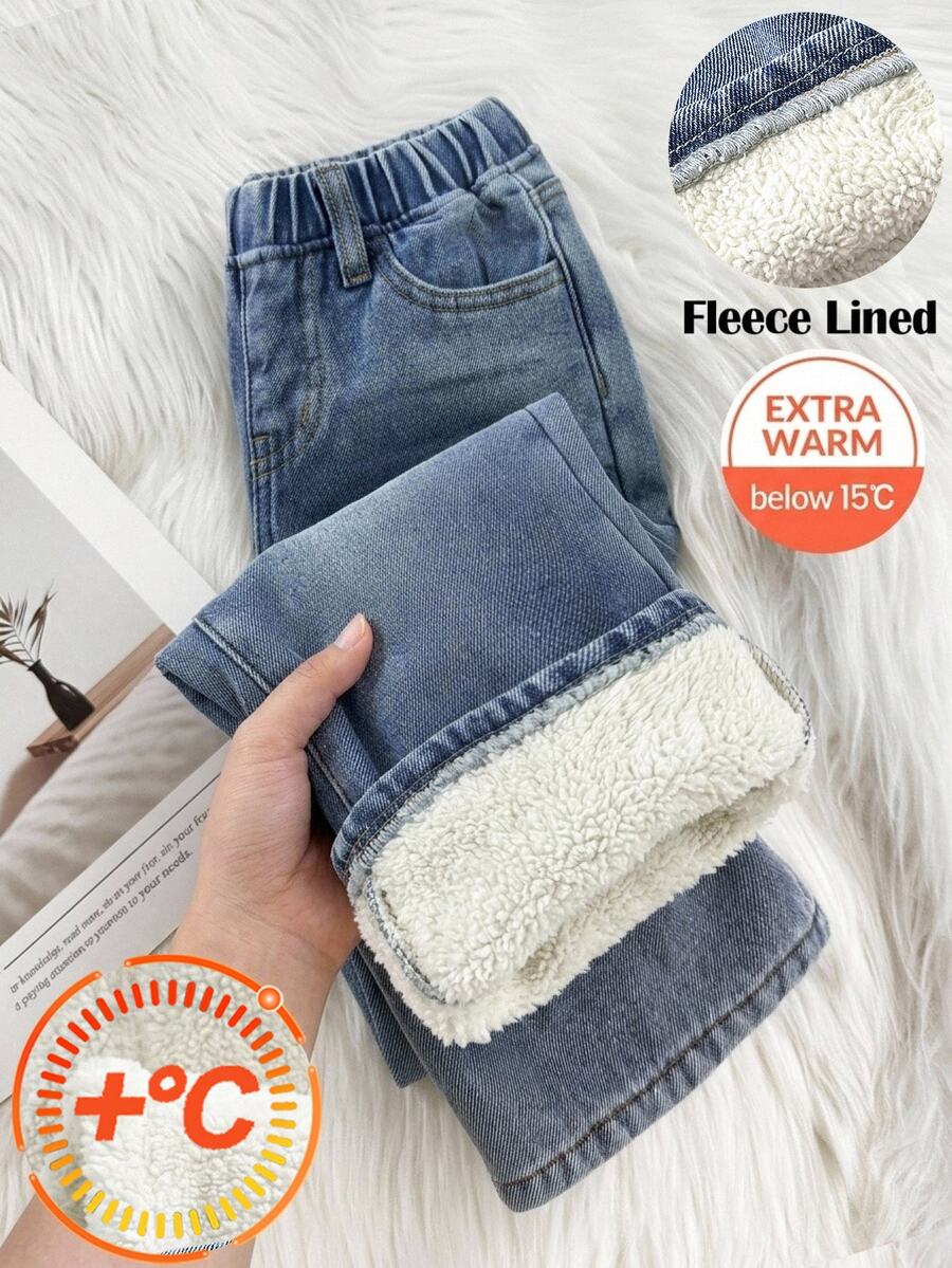 SHEIN Little Byeori 小男孩保暖內裡休閒日常牛仔長褲,附口袋 - 中等水洗藍 - 查看 1