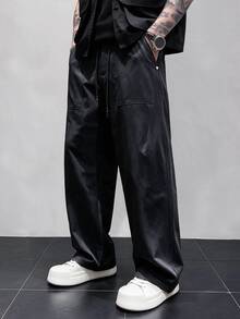 SLATEMANN Men's Solid Color Drawstring Waist Pocket Business Casual Pants - Black - View 1