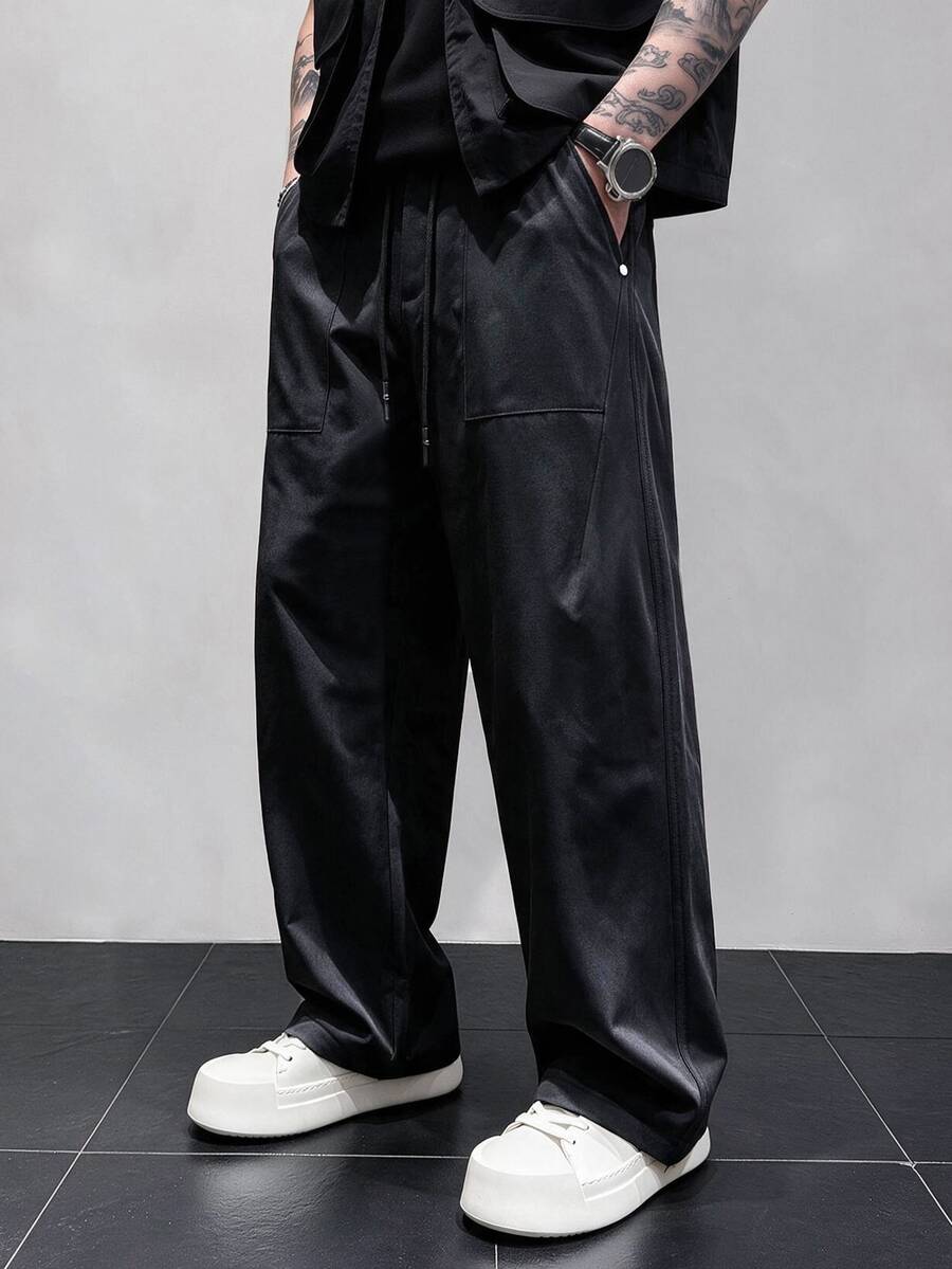 SLATEMANN Men's Solid Color Drawstring Waist Pocket Business Casual Pants - Black - View 1