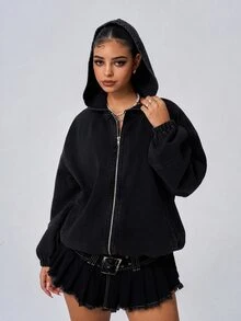 Flexra Women's Casual Versatile Everyday Hooded Denim Jacket With Zipper - Black - View 3