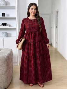 Easowa Curve Plus Size Casual Kawaii Plaid Dress Fall Christmas Homewear Birthday Red - Multicolor - View 5