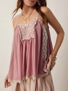 Willow Rêve Women's Contrast Lace Loose Chiffon Camisole Top - Orange - View 1