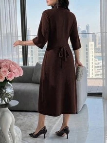 Feyla 女款秋冬優雅純色立領針織洋裝，通勤穿搭，秋季 - 咖啡棕 - 查看 5