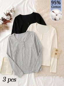 Tseoso 3-Pack Of Women's Solid Color Button Half-Front Long-Sleeved Casual T-Shirts - Multicolor - View 3