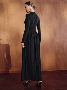 MOTF PREMIUM VINTAGE ELEGANT BLACK STAND COLLAR LONG SLEEVE DRESS, FRONT PEARL DECORATED BUTTONS, RUCHED WAIST FLARED HEM ANKLE LENGTH, MINIMALIST ELEGANT SLIM FIT LONG DRESS, SUITABLE FOR DAILY OUTINGS, AFTERNOON TEA, LIGHT PARTIES AND GATHERINGS - Black - View 3