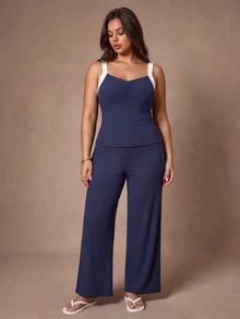 Lazeform Plus Size Ribbed Contrast Strap Backless Tank Top And Long Pants Pajama Set - Multicolor - View 4
