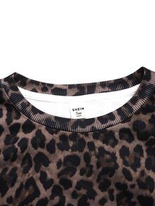 SHEIN 青少年女孩黑色棕色豹紋Logo印花套頭運動衫，腰部抓皺寬鬆休閒百搭返校秋季款 - 棕色 - 查看 5